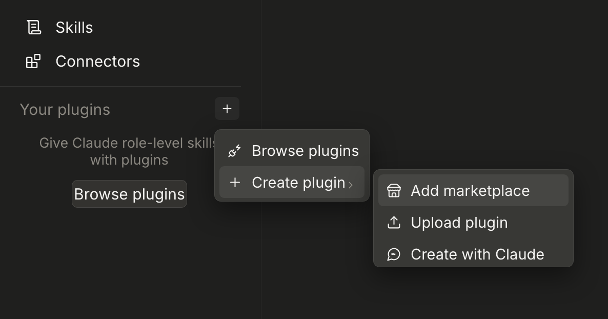Claude plugins panel: the plus button opens Create plugin, then Add marketplace.