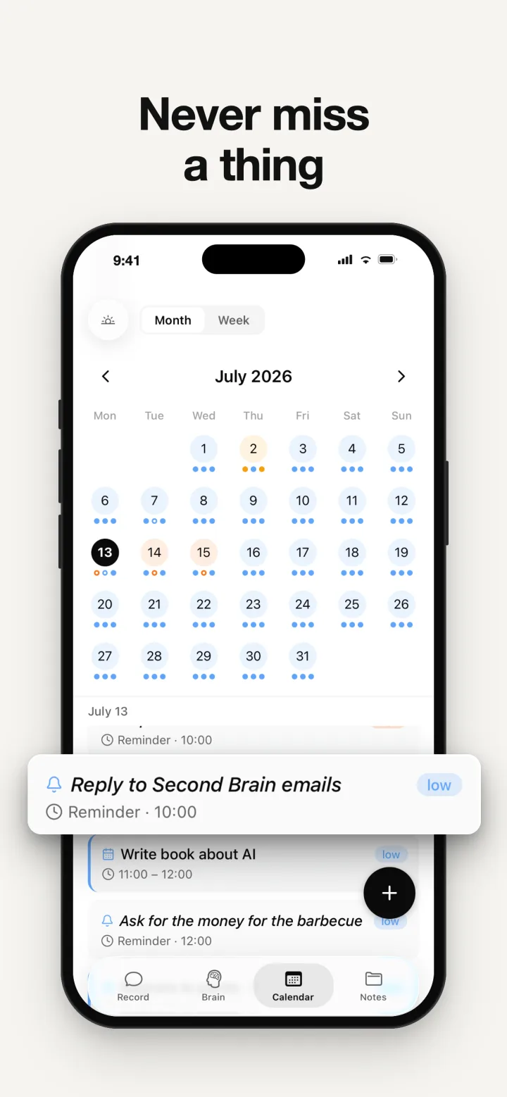SecondBrain calendar with events and reminders created from your voice